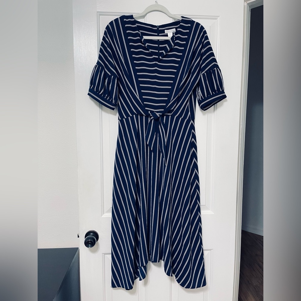 London Times Navy Striped A line short sleeve Midi Dress size 6